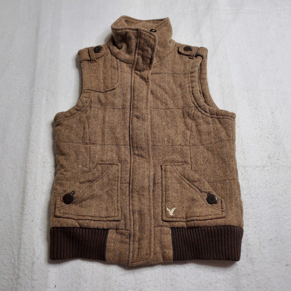 American Eagle Women Puffer Vest Brown Herringbone Wool Blend Size Medium